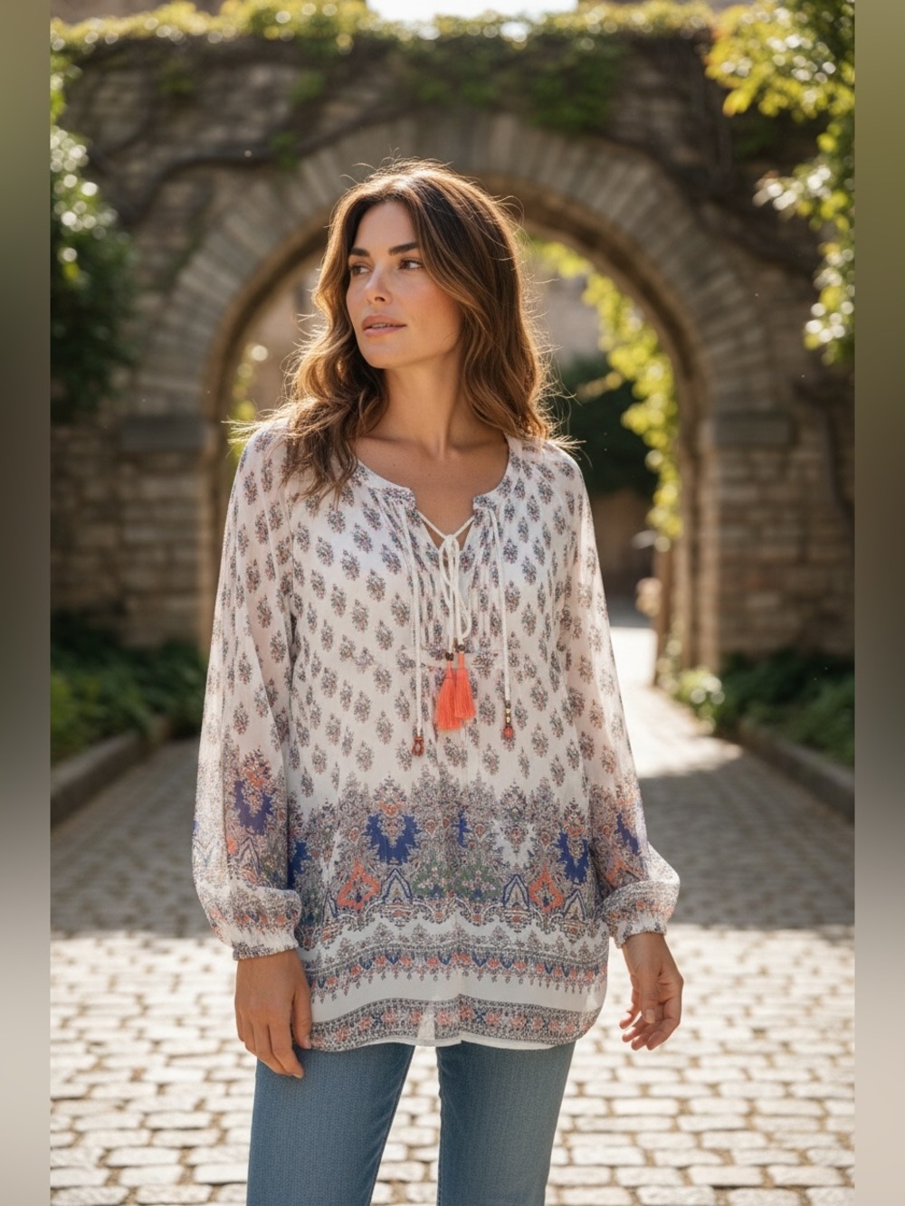 Signature Studio White Peasant Tunic with Coral Tassels & Blue Border